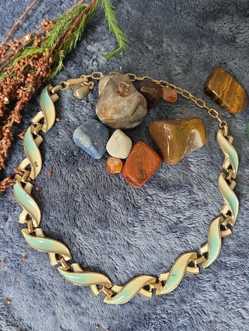 2/$35 Vintage Ombre Gold/White/Blue-Tone Collar Necklace.